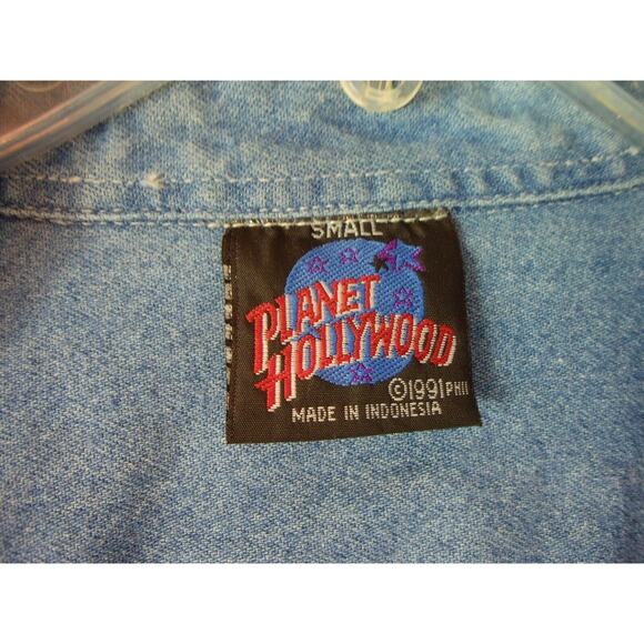 VINTAGE PLANET HOLLYWOOD‎ BUTTON UP DENIM SHIRT 1991 MENS SIZE SMALL BLUE - Picture 3 of 10